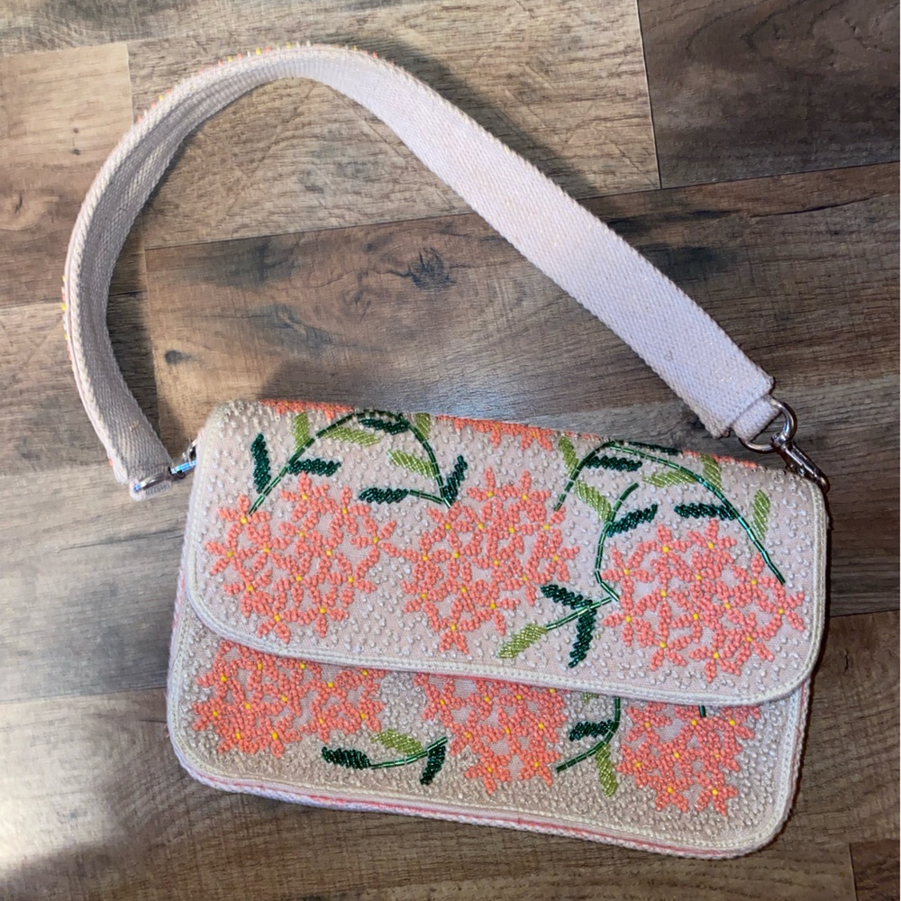 Floral Embroidered Beaded Shoulder Bag